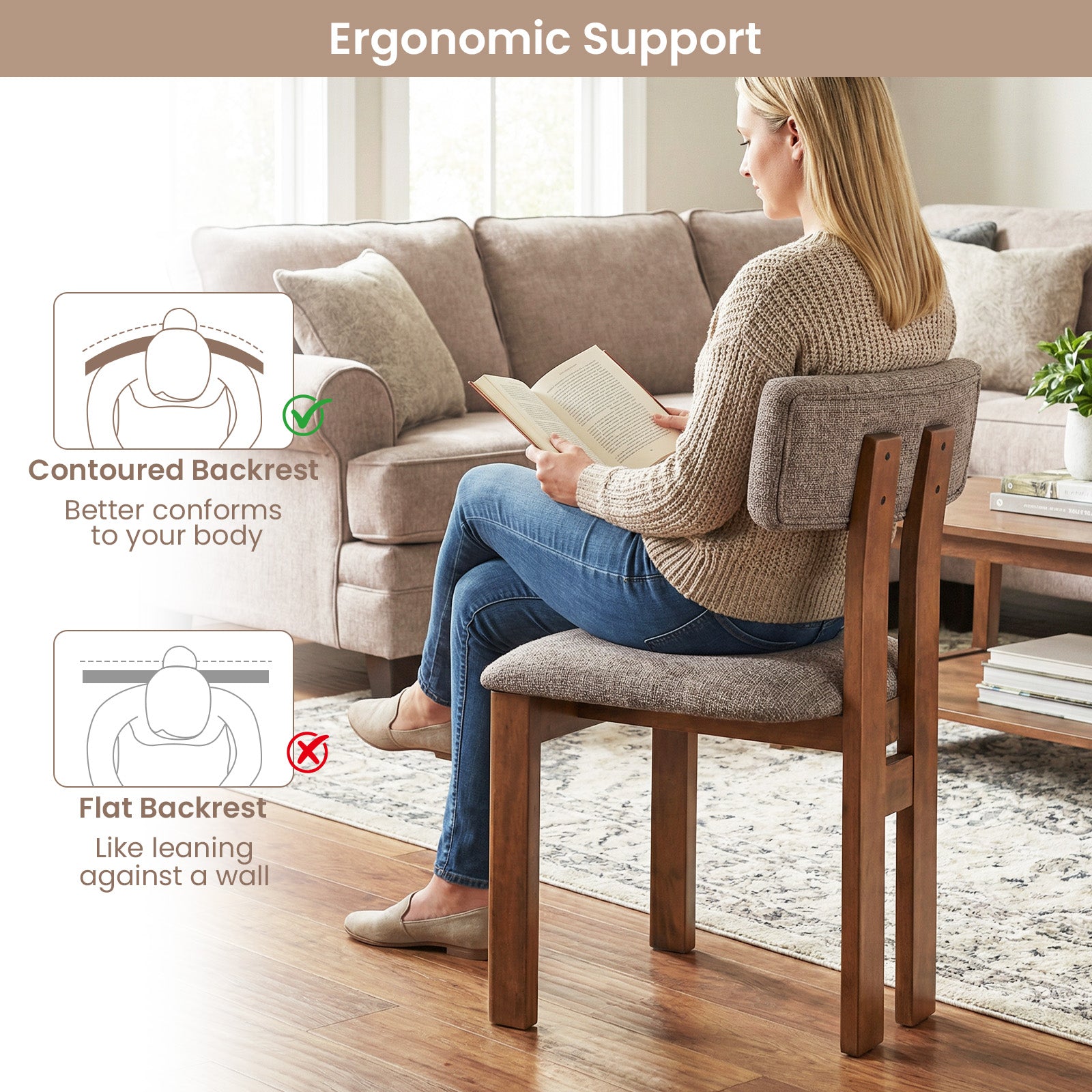 Upholstered Rubber Wood Dining Chairs, Set of 4, Curved Backrest, Walnut Dining Chairs at Gallery Canada