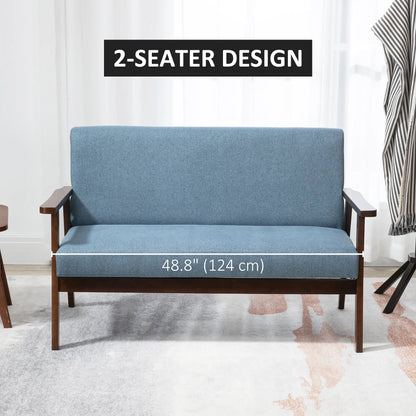 Compact Loveseat Sofa, Linen Fabric, Rubber Wood Legs, Blue