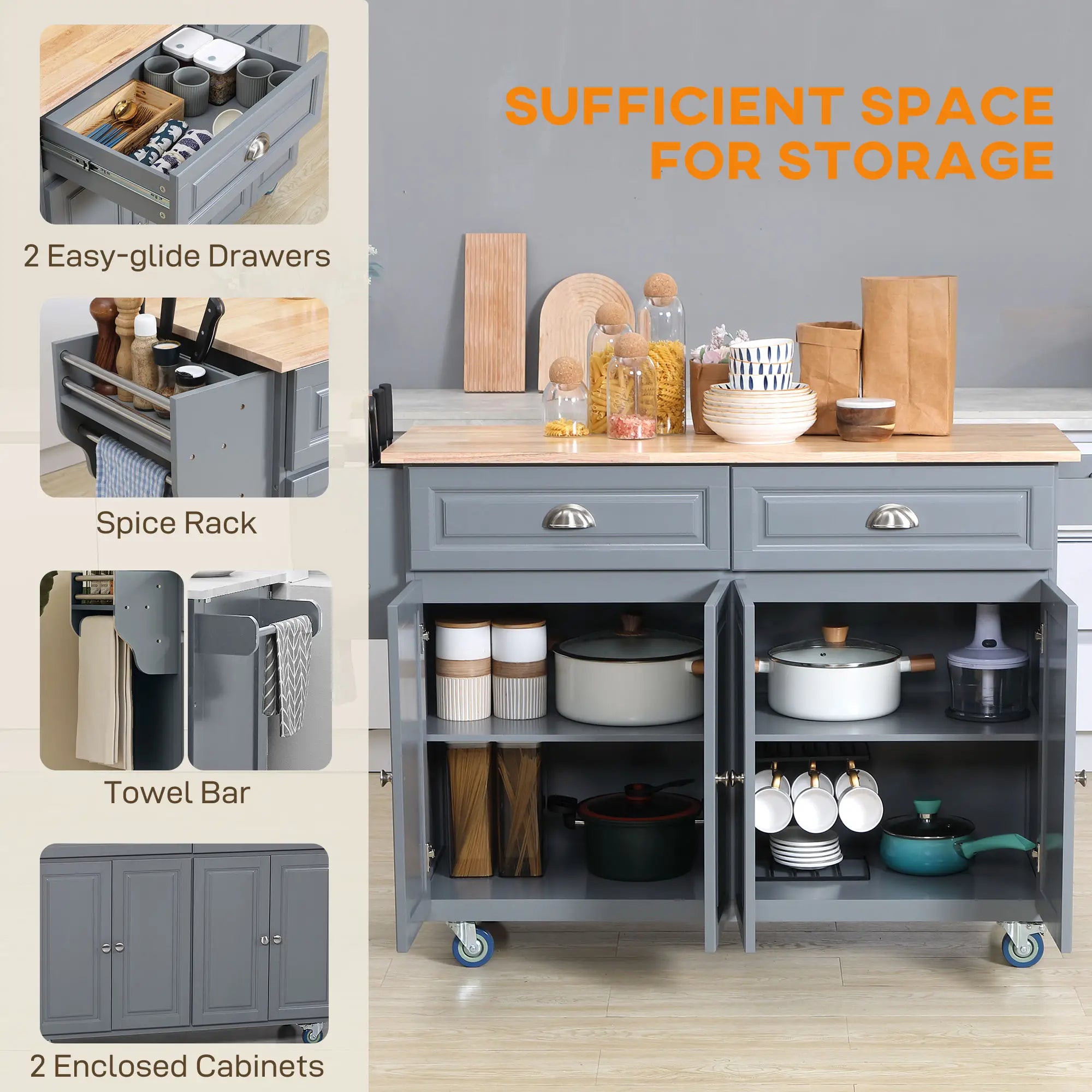 Kitchen Island with Storage, Drop Leaf, Rubber Wood Top, Adjustable Shelves, Grey Kitchen Islands & Kitchen Carts at Gallery Canada