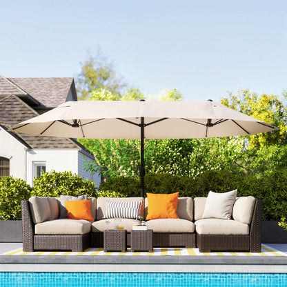 15 Ft Twin Canopy Patio Umbrella, Steel Lift Crank, Beige Sun Umbrellas at Gallery Canada