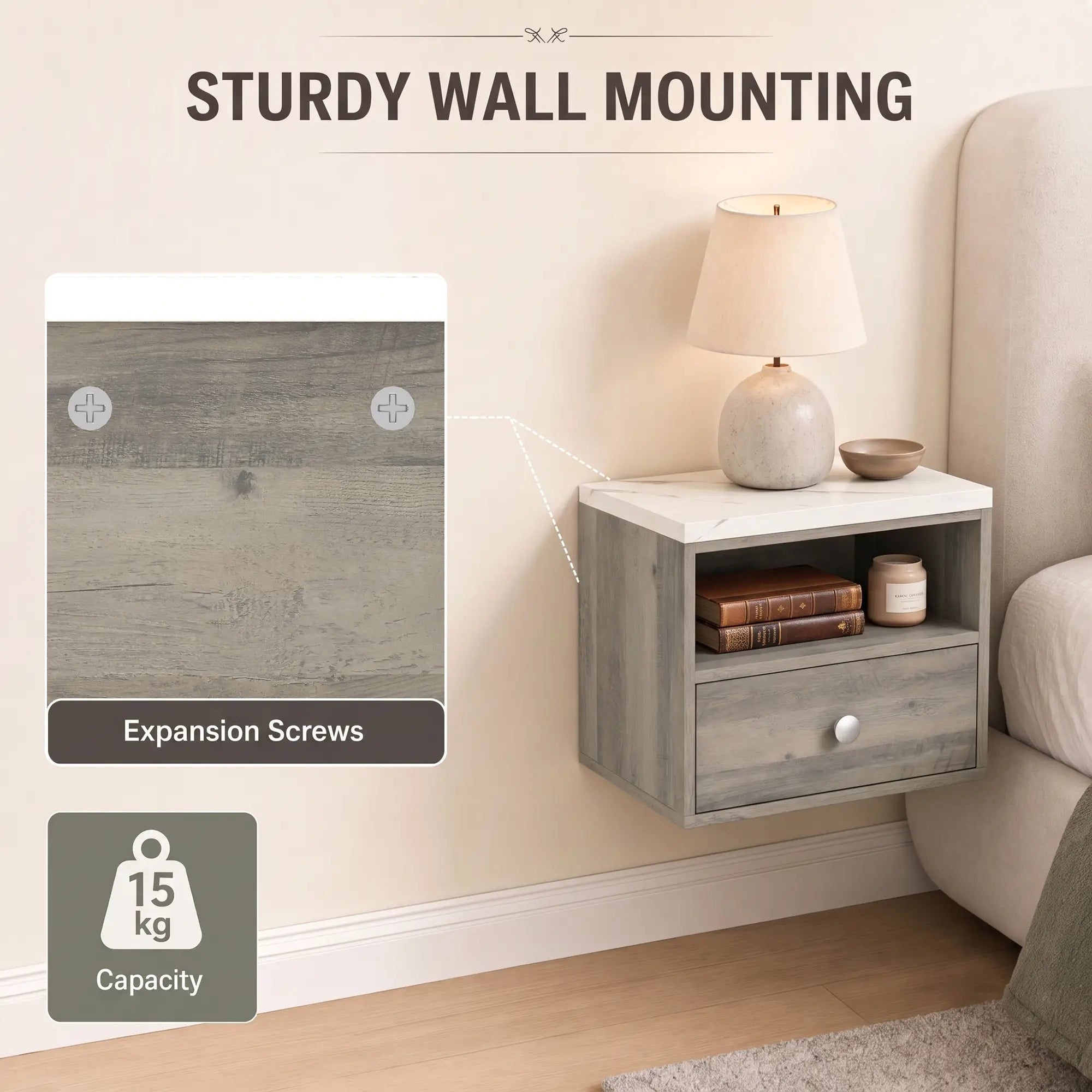 Floating Nightstands Set of 2, Drawer, Marble Top, Natural Bedside Tables at Gallery Canada