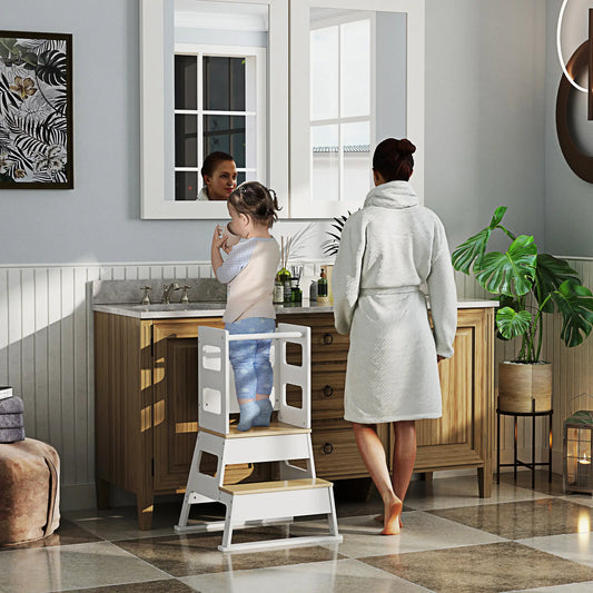2 in 1 Toddler Tower with Chalkboard, Safety Rail, White Toddler & Kids Step Stools White, Natural Wood at Gallery Canada