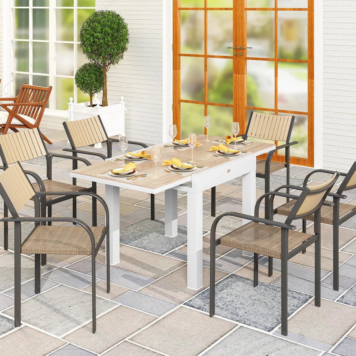 Extendable Patio Dining Table, Aluminum Frame, Faux Wood Top, Natural Wood Patio Dining Tables at Gallery Canada