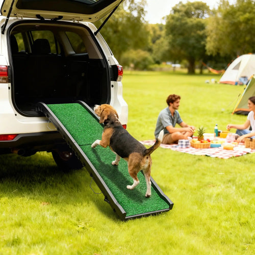61 Inches Folding Pet Ramp With Grass Surface, Raised Side Rails