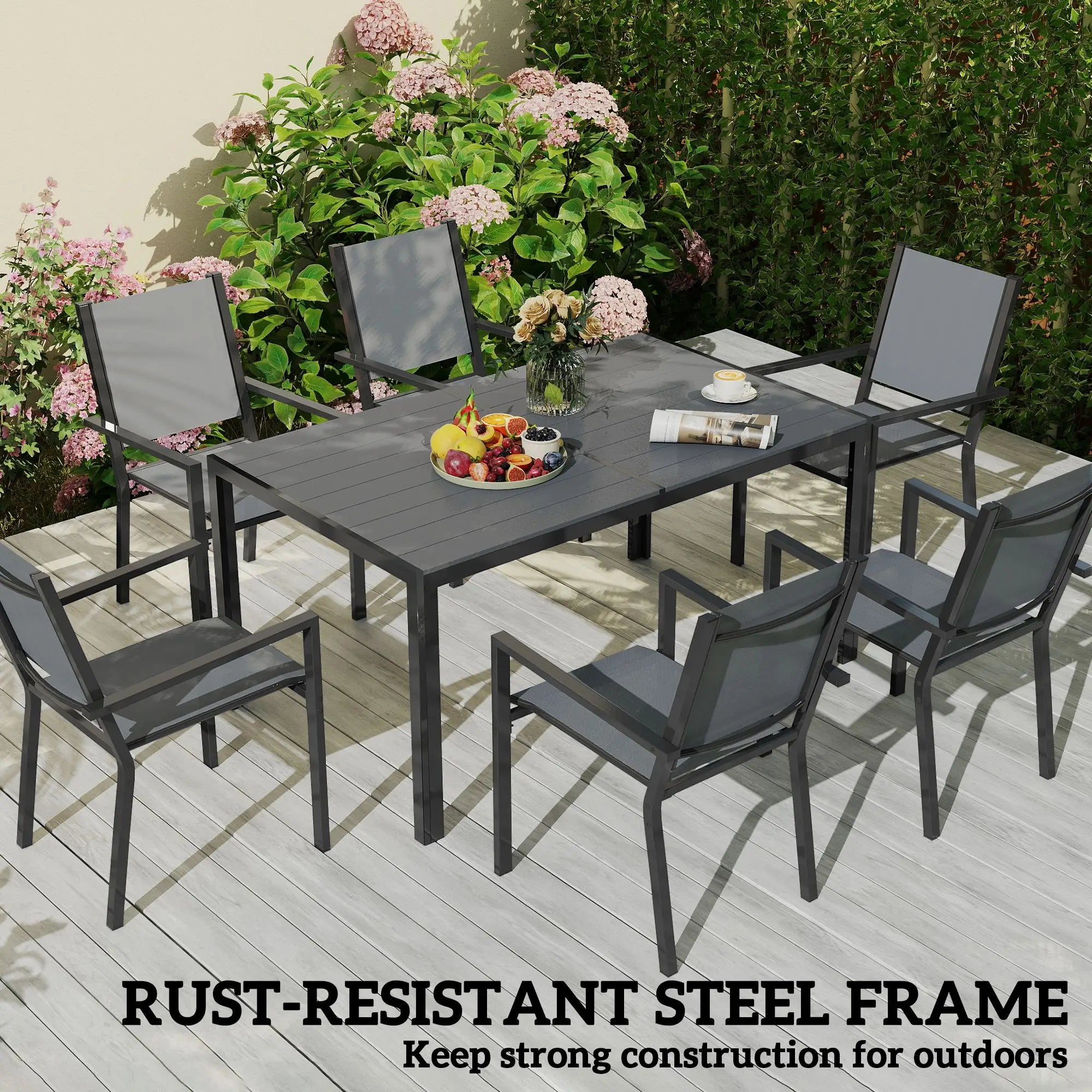 7-Piece Outdoor Dining Set, 6 Stackable Chairs, Rectangle Table, WPC Top Outdoor Dining Sets at Gallery Canada