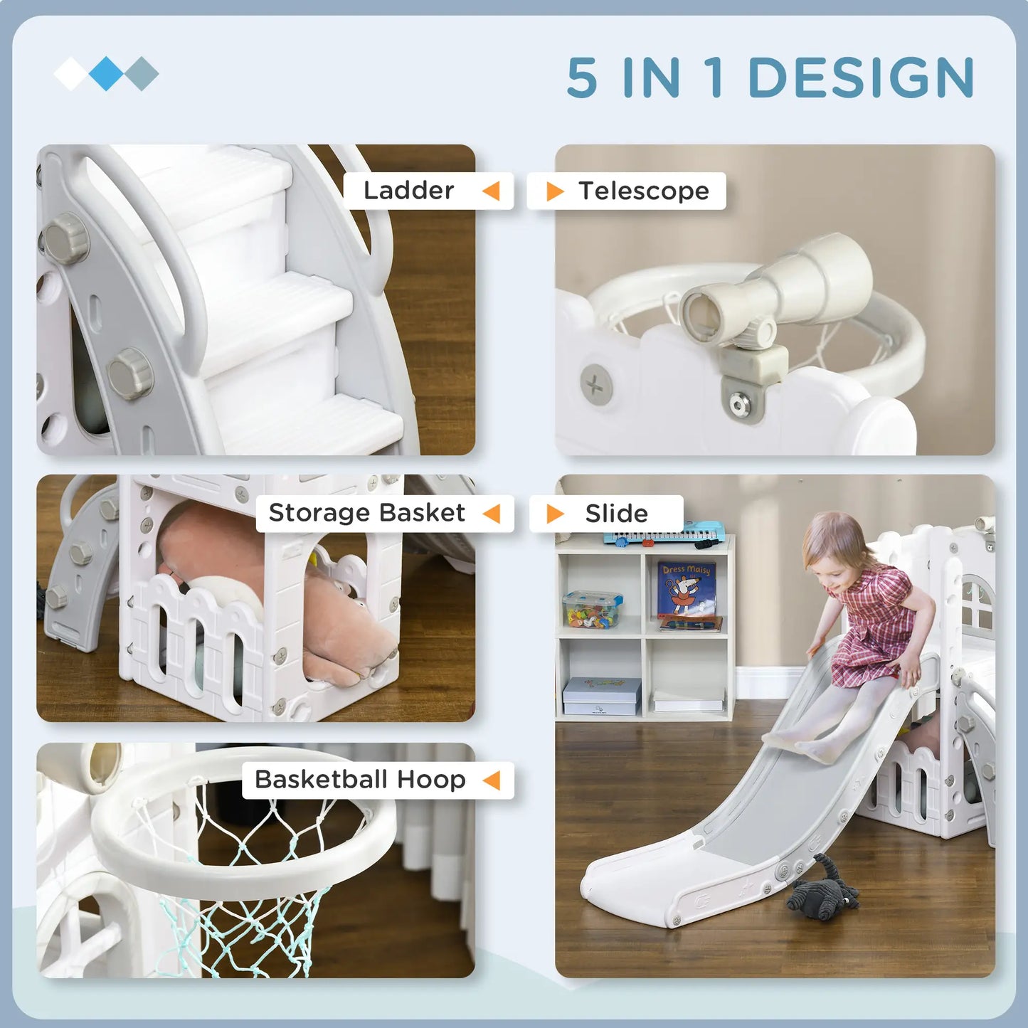 Toddler Slide, Basketball Hoop, Climber, Telescope, Storage Basket, 1-3 Years, Grey Gym Sets & Swings at Gallery Canada