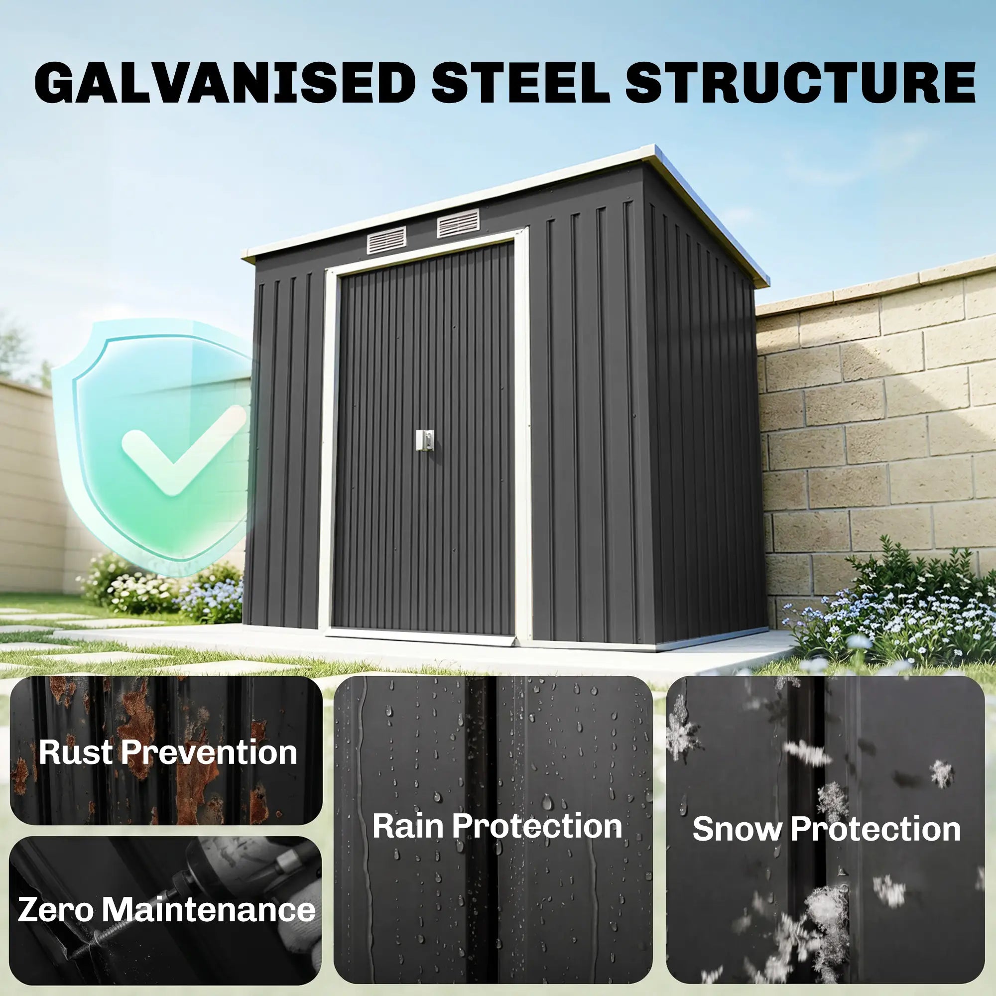 7 x 4ft Galvanised Steel Garden Shed, Foundation Kit, Dark Grey Sheds at Gallery Canada