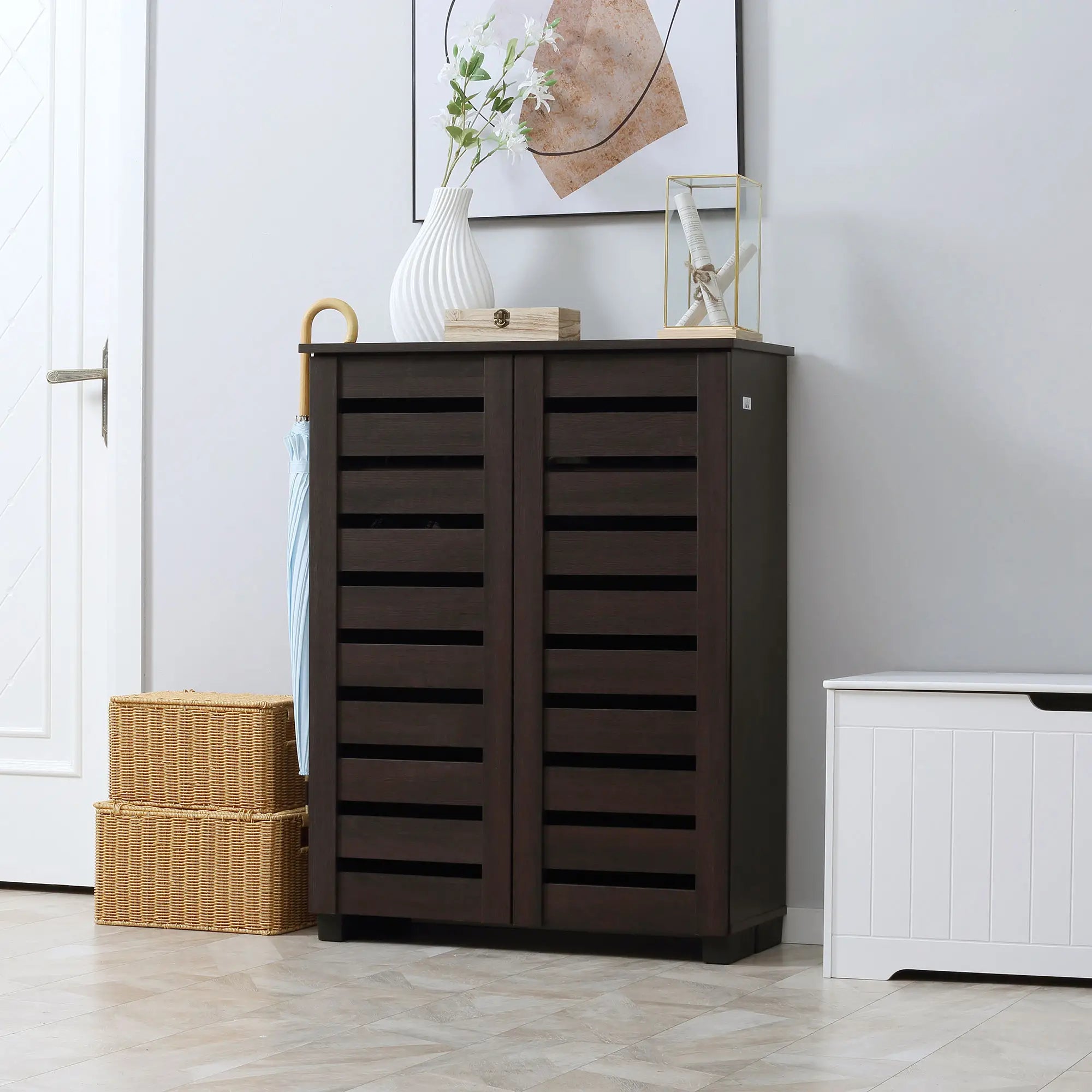 Narrow Shoe Cabinet, 2 Slatted Doors, Adjustable Shelves, Holds 15 Pairs, Dark Brown Shoe Storage Cabinets & Racks at Gallery Canada