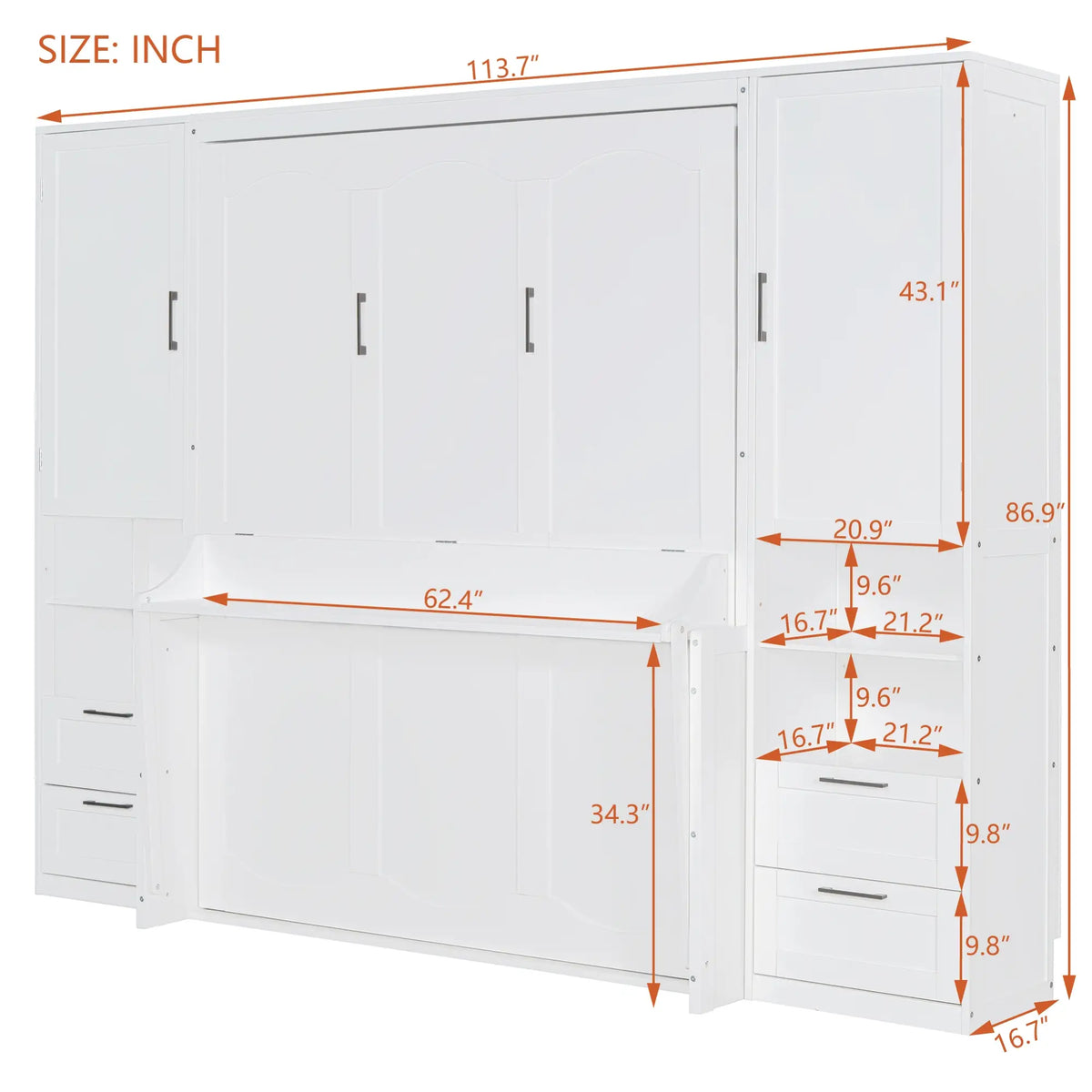 Murphy Bed with Closet, Drawers, Shelves, 114" L x 17" W x 87" H, White Bed Frames at Gallery Canada