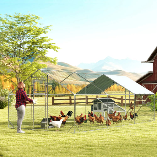 Large Metal Chicken Run, Waterproof UV-Resistant Cover, Feeding Door, Hanging Feeder, Perch, 18-24 Chickens