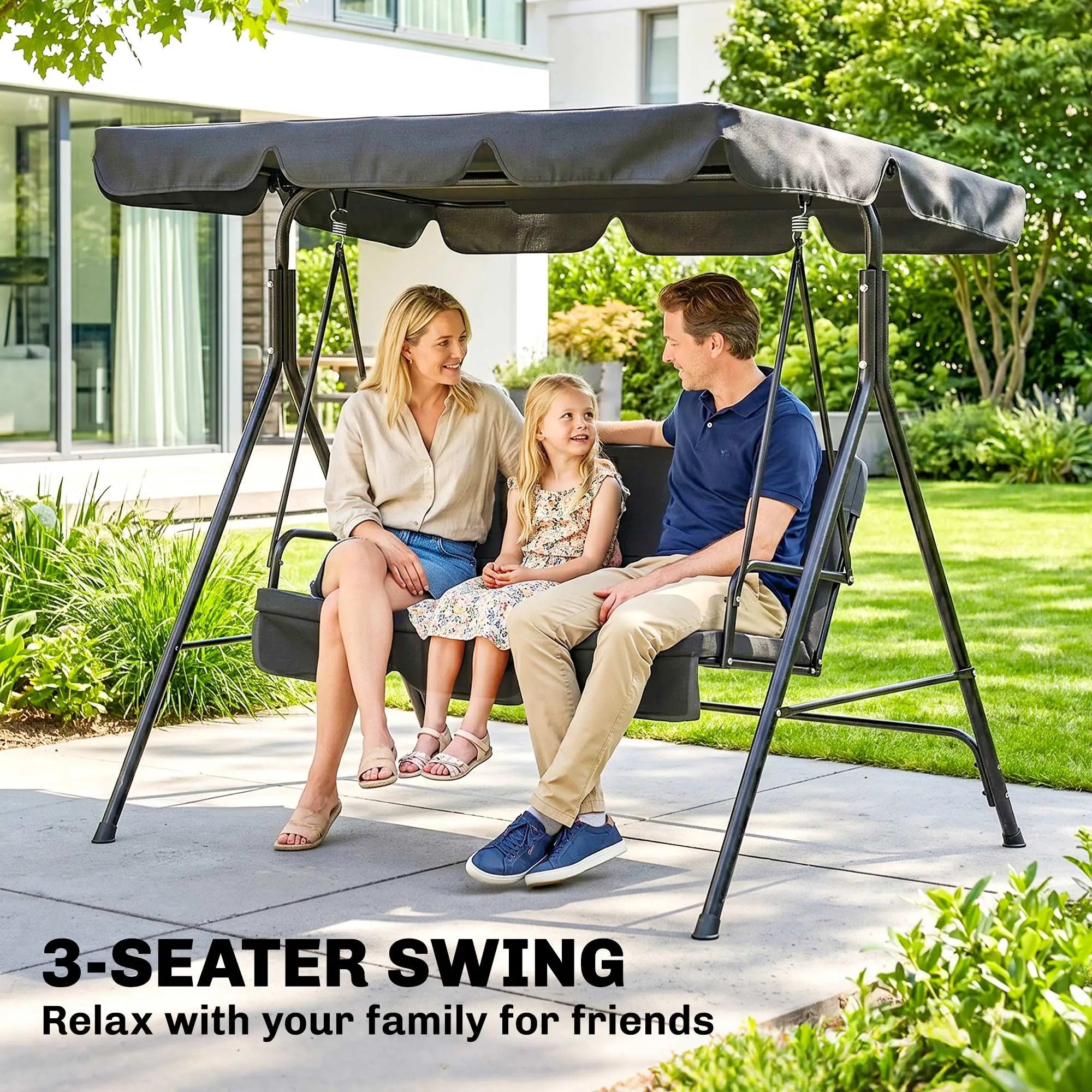 3-Seater Outdoor Porch Swing With Canopy, Black Patio Swings with Stand at Gallery Canada