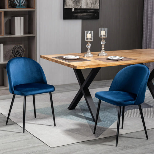 Set of 2 Mid-Back Dining Chairs, Velvet Upholstery, Dark Blue, Dark Blue