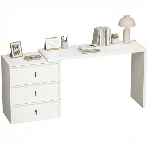 L Shaped Computer Desk, 3 Drawers, White Wood Grain, White