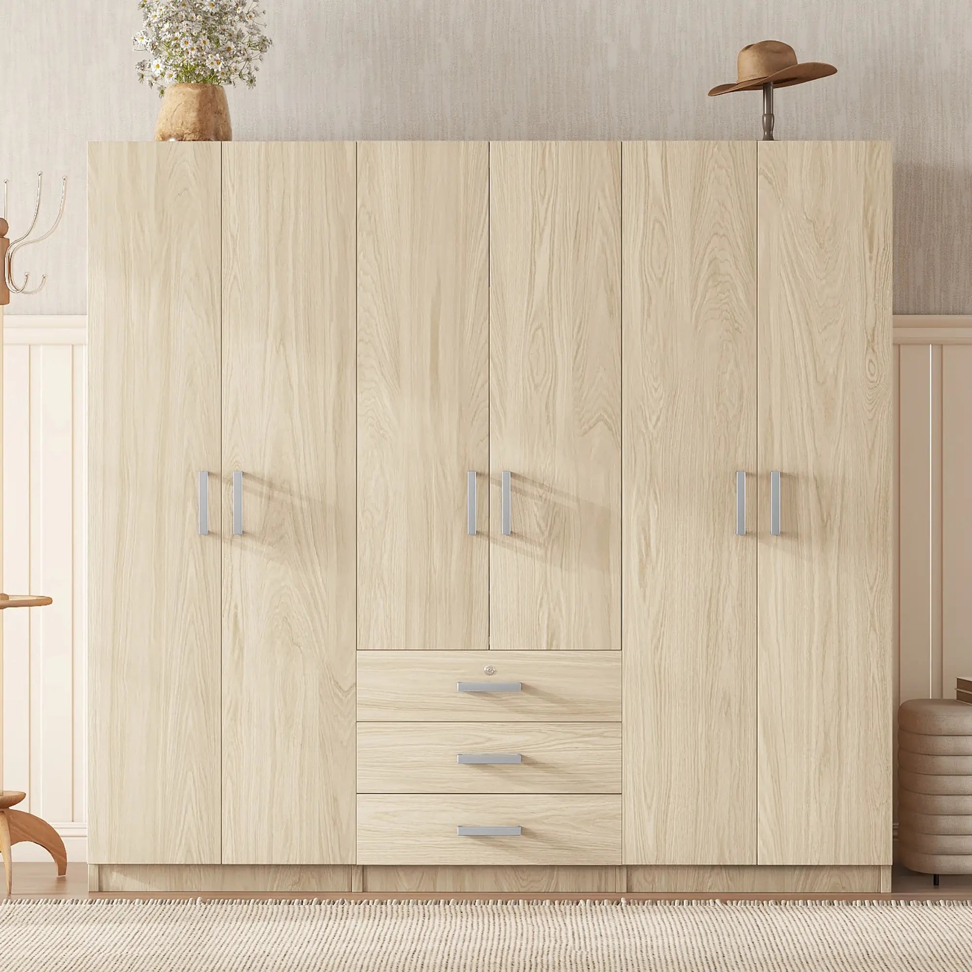 Wooden Wardrobe, 3 Drawers, MDF, Silver Handles, 71