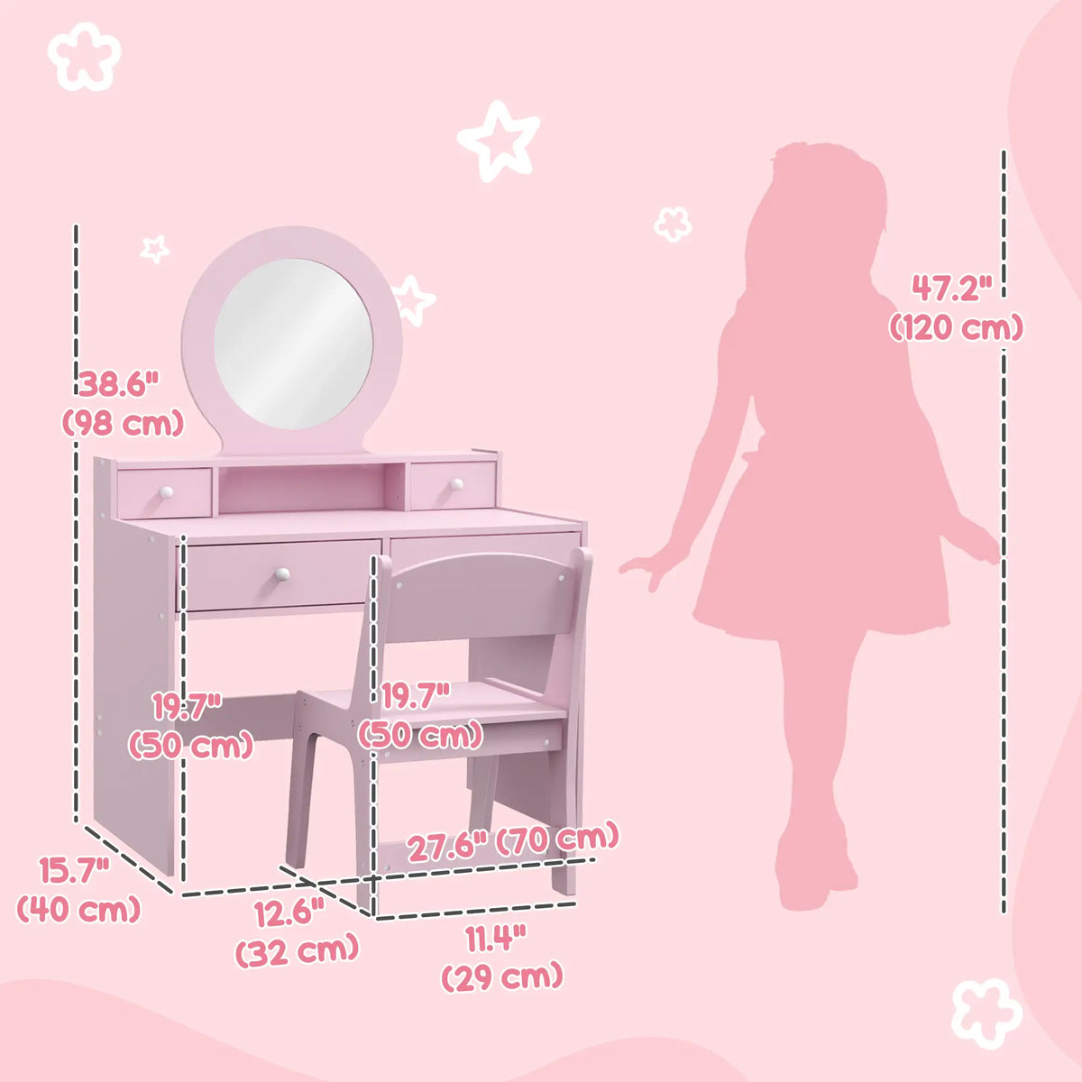 Kids Vanity Set, Makeup Table with Mirror, Stool, Drawers, Ages 3-8, Pink Toy Vanity at Gallery Canada