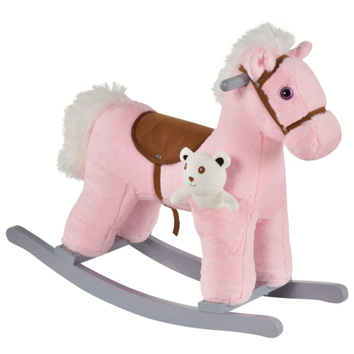 Kids Plush Ride-On Rocking Horse, Soft Bear Toy, Realistic Sounds, Pink