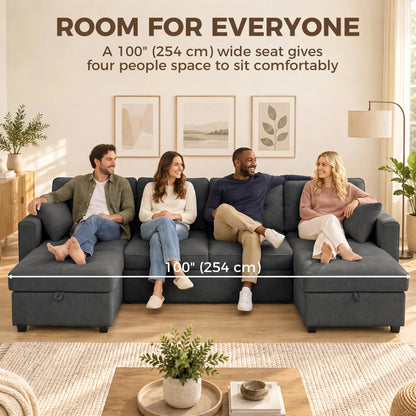 U Shaped Sectional Sofa Bed, 113" Pull Out Sleeper, Dark Grey 3-Seater Sofas at Gallery Canada
