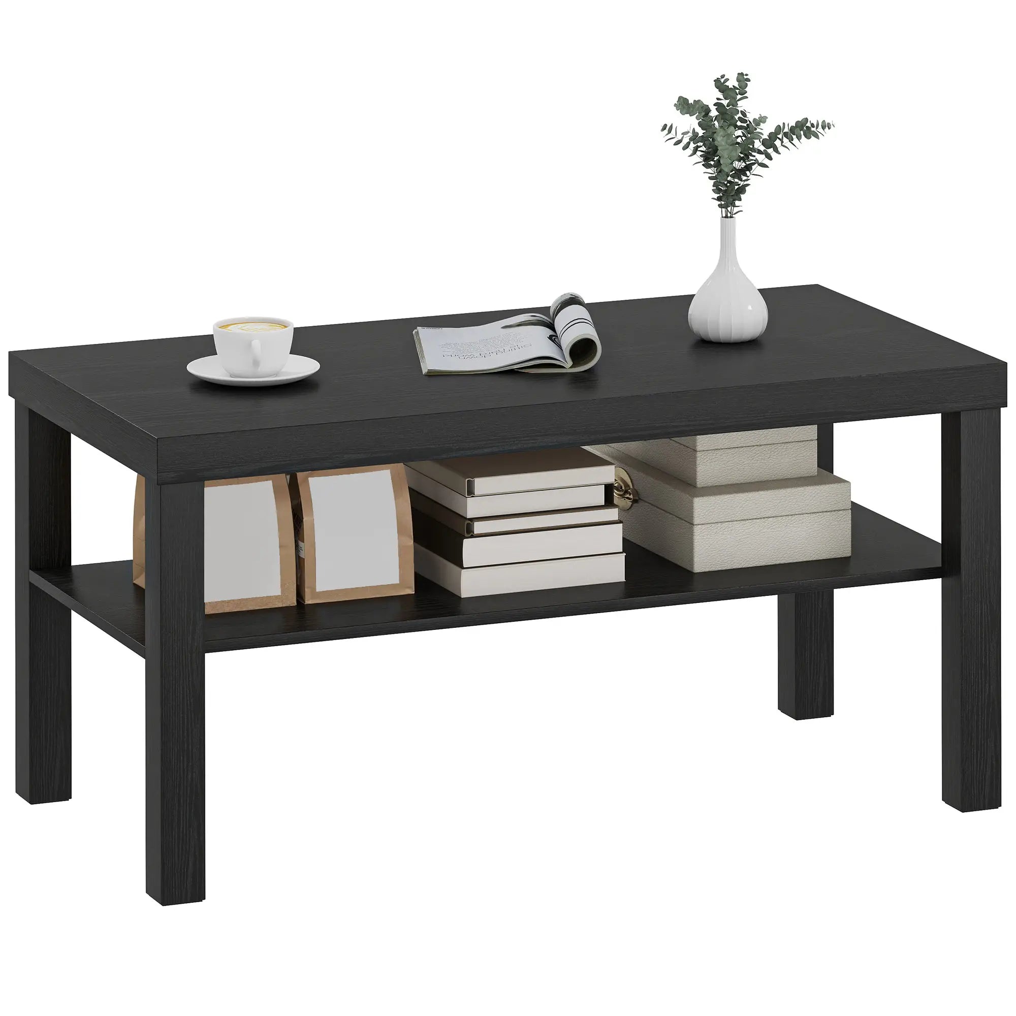 2 Tier Coffee Table, Rectangular Center Table with Storage Shelf, Black Coffee Tables Black at Gallery Canada