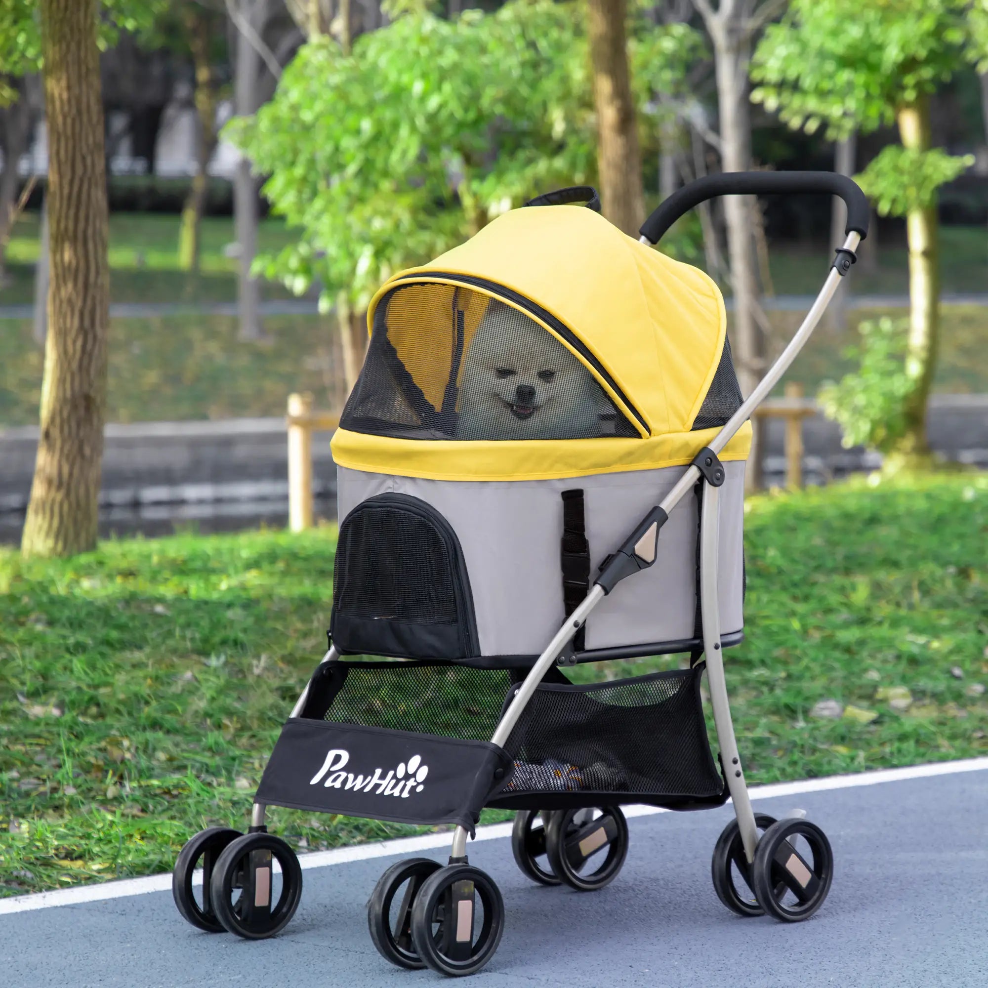 4 Wheels Pet Stroller, Folding Carrier for Small Dogs, Detachable, Yellow Dog Bike Trailers & Strollers at Gallery Canada