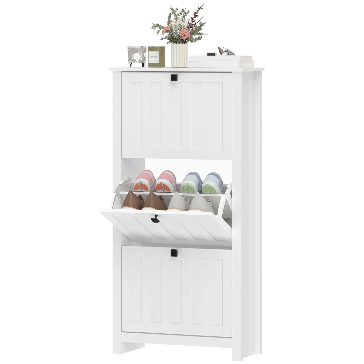 Slim Shoe Cabinet, 3 Flip Drawers, Adjustable Shelves, Holds 12 Pairs, White Shoe Storage Cabinets & Racks White at Gallery Canada