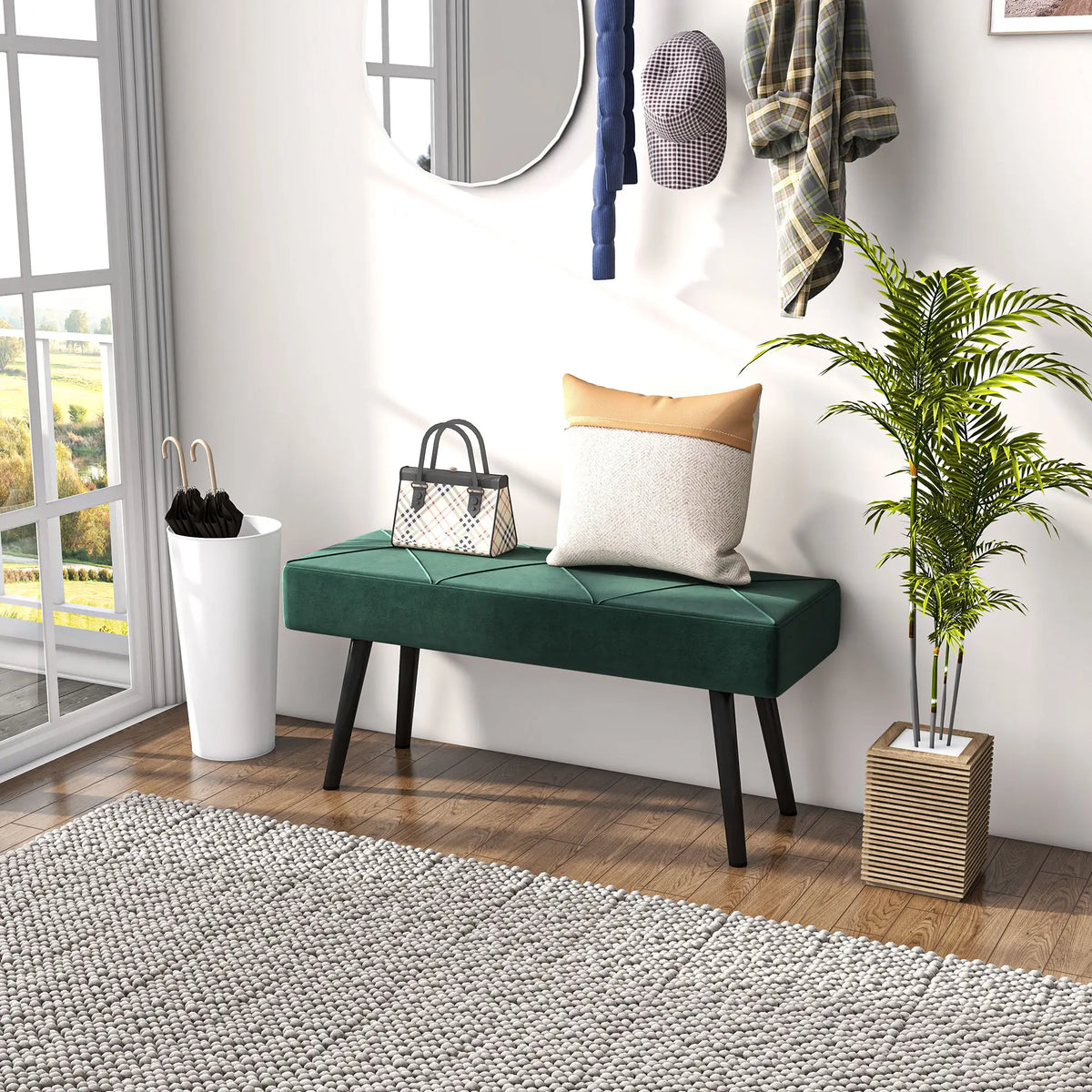 39 Inches Upholstered Bed Bench, Modern Steel Legs, Green Storage Ottomans & Benches at Gallery Canada