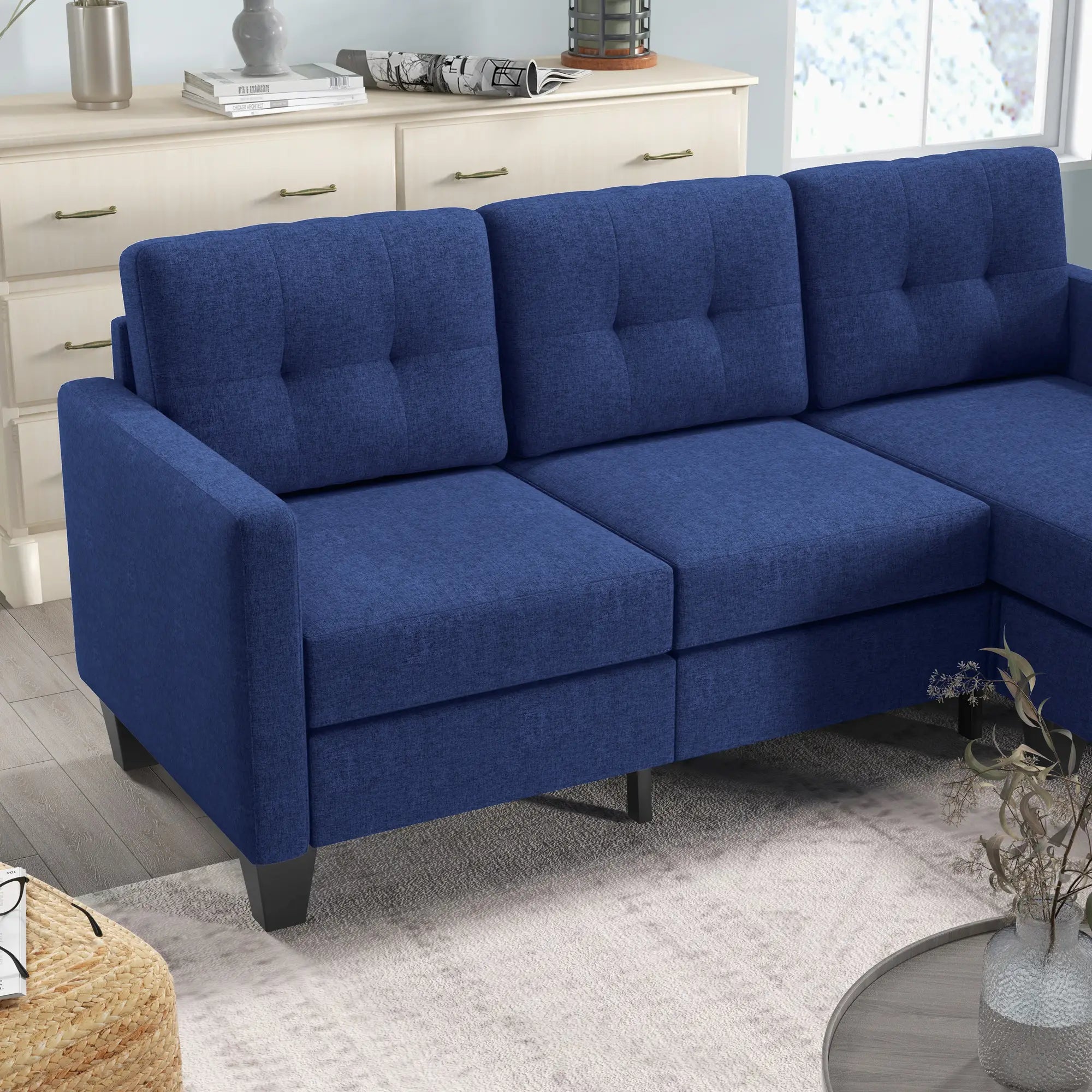 L-Shaped Sofa, 3 Seater Sectional Couch with Ottoman, Dark Blue 3-Seater Sofas at Gallery Canada