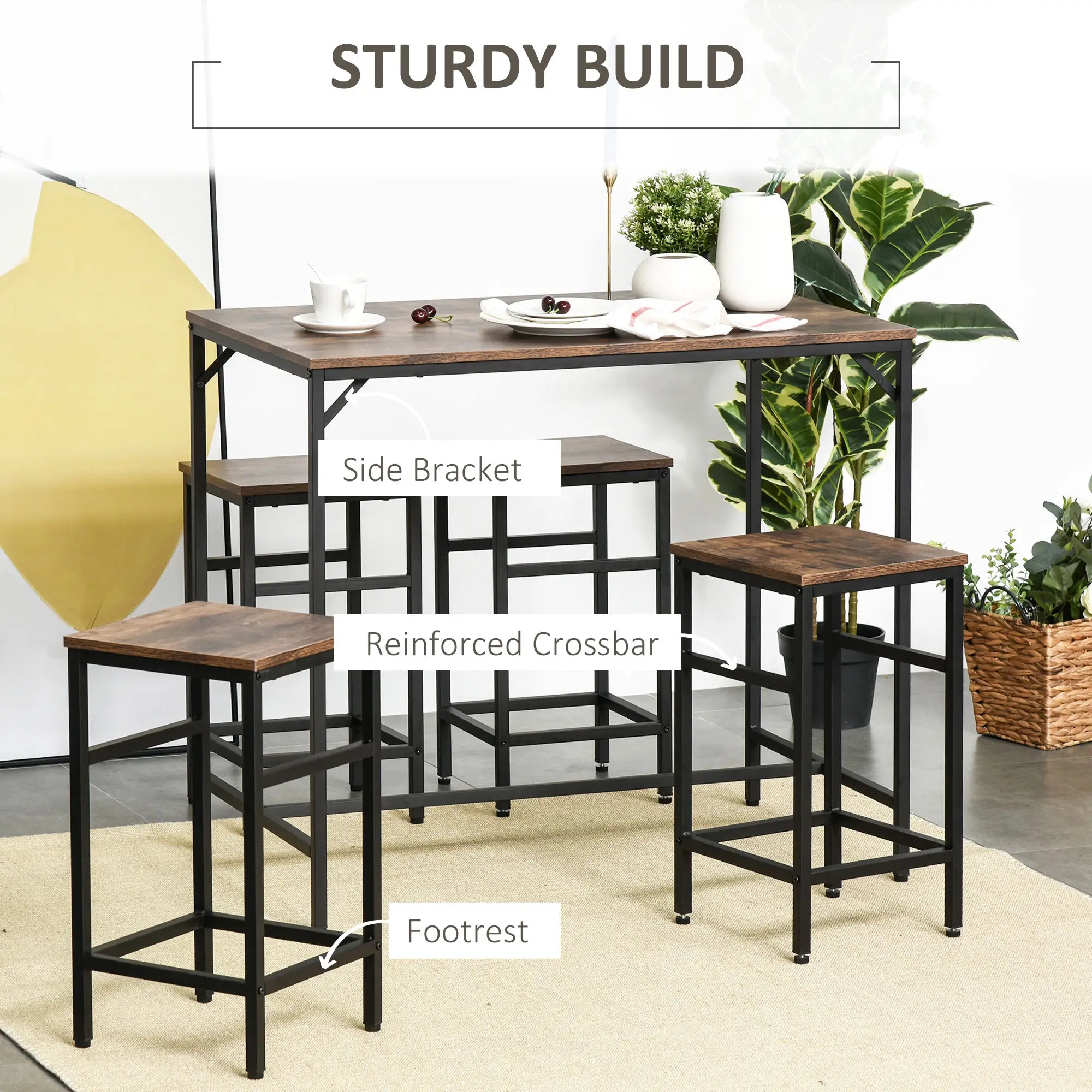 5-Piece Industrial Rectangular Bar Table Set, 4 Stools, Rustic Brown, Brown Bar Sets at Gallery Canada