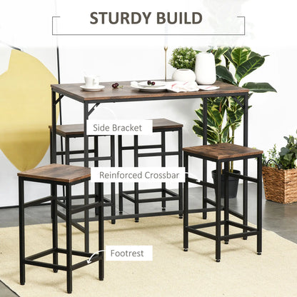 5-Piece Industrial Rectangular Bar Table Set, 4 Stools, Rustic Brown, Brown Bar Sets at Gallery Canada
