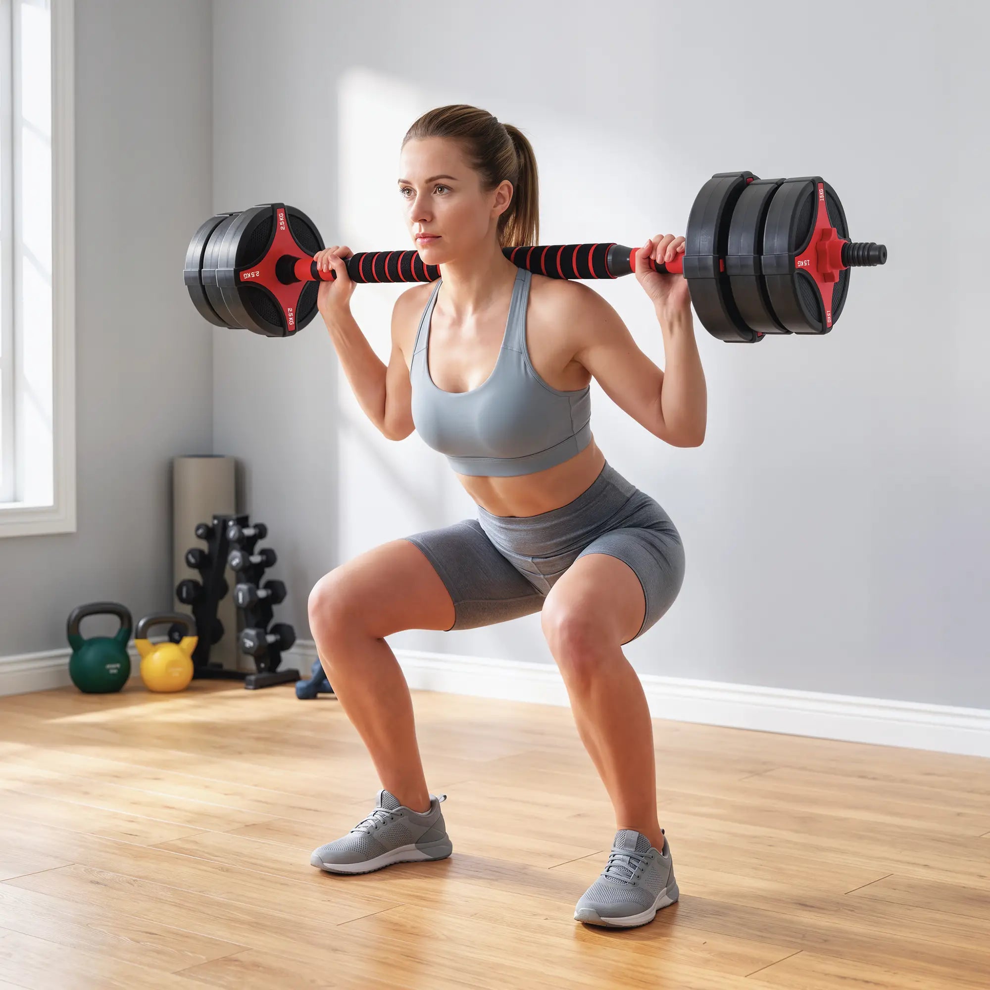 5-in-1 Adjustable Dumbbell Set 55 lbs, Black and Red Dumbbells & Barbells at Gallery Canada