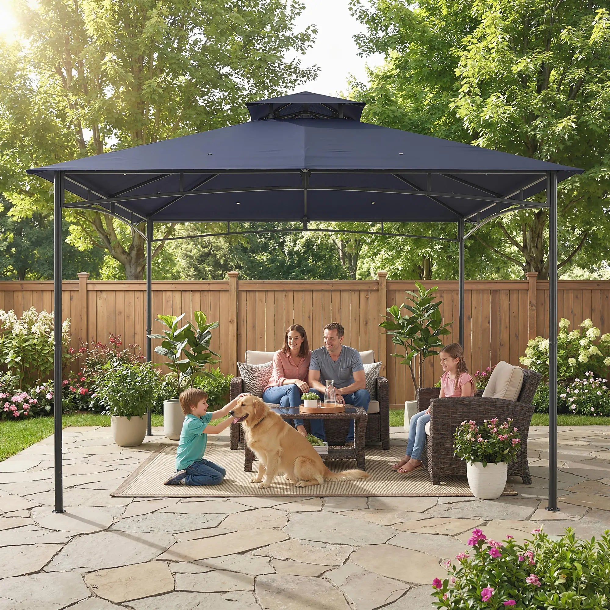 10' x 10' Gazebo, Soft Top, 2-Tier Roof, Metal Frame, Navy Blue Gazebos at Gallery Canada