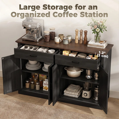 55" Black Buffet Cabinet, Farmhouse Sideboard, 4 Barn Doors, 2 Drawers, Black Storage Cabinets at Gallery Canada