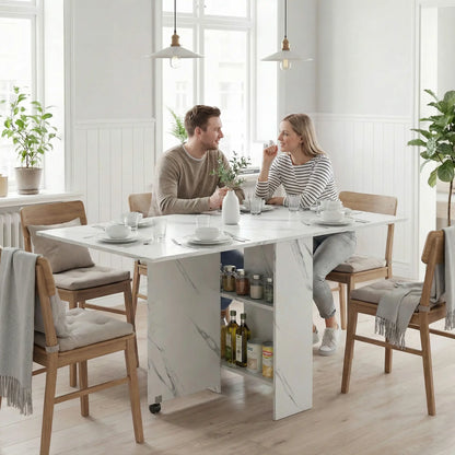 Extendable Dining Table, Marble White, Collapsible With Shelves, White Dining Tables at Gallery Canada