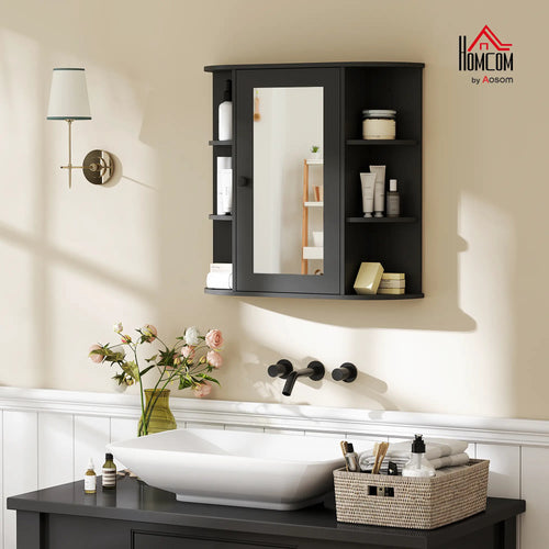 Mirrored Bathroom Wall Cabinet, Wall Mounted, With Door & Shelves, Black