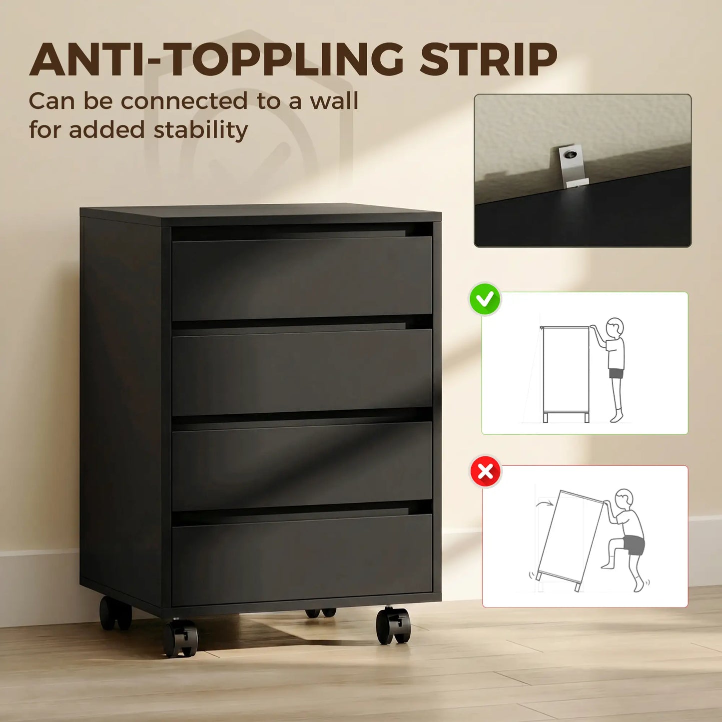 4-Drawer Vertical File Cabinet with Wheels, Black Office Cabinets & Cupboards at Gallery Canada