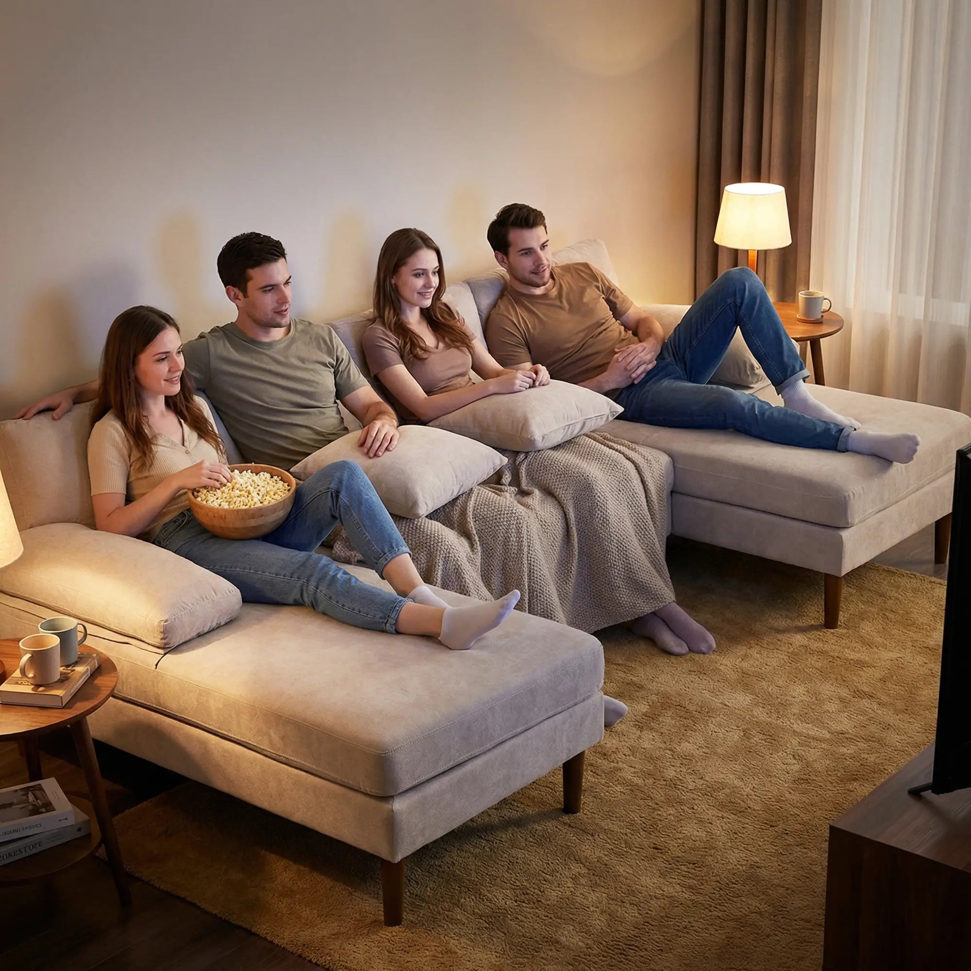 U Shape Couch, Double Chaise Lounge, 4 Seater Sofa, Wooden Legs, Beige Sofas & Reclining Chairs at Gallery Canada