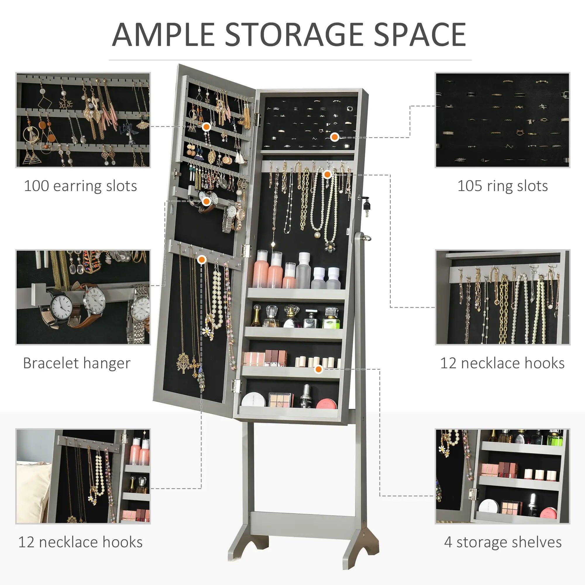 Mirror Jewelry Cabinet, Lockable Organizer, Full-Length Mirror, 3 Angle Adjustable, Grey Jewelry Armoire & Jewellery Mirror Cabinets at Gallery Canada
