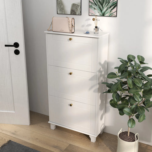 Narrow Shoe Storage, 3 Flip Drawers, Adjustable Shelves, Holds 12 Pairs, White