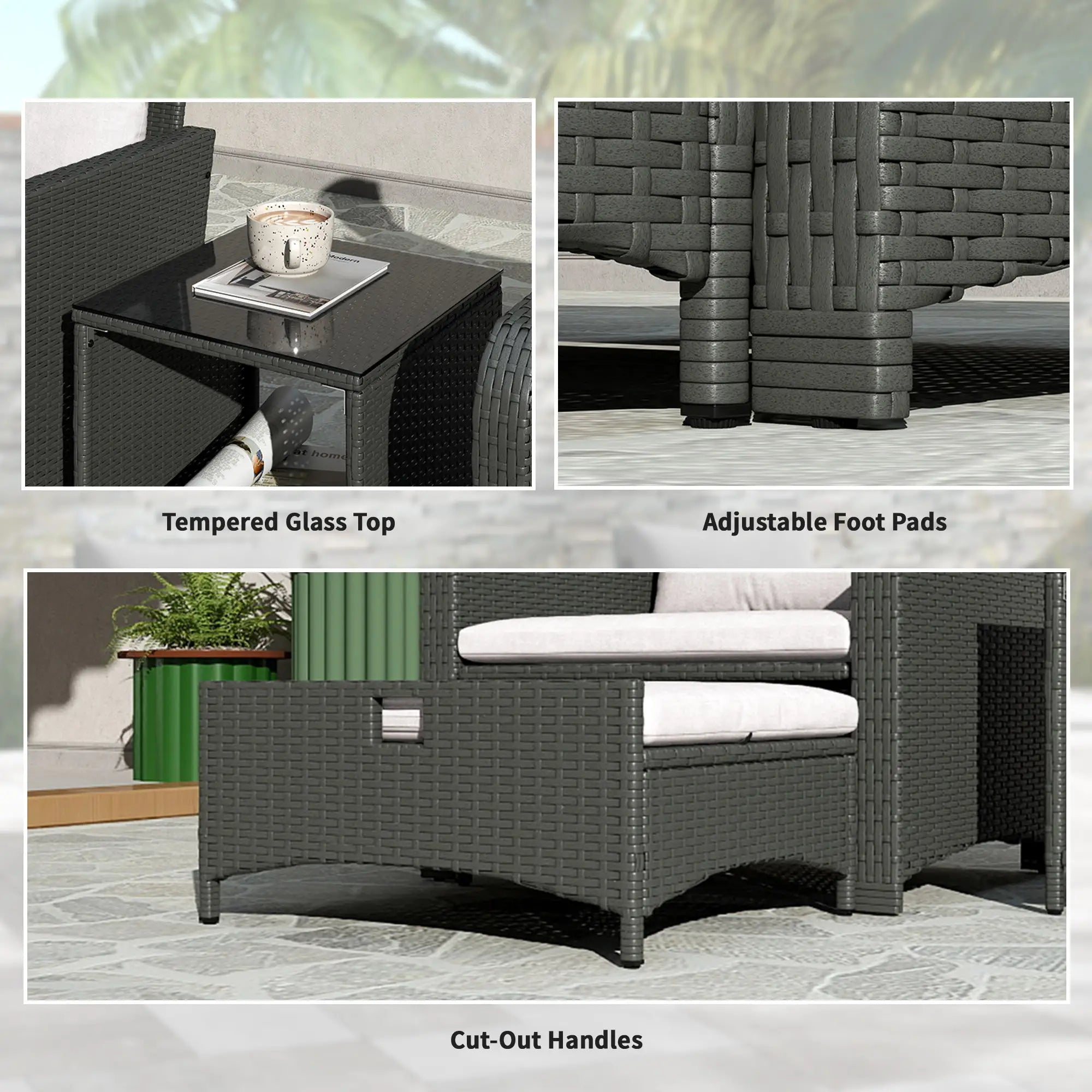 5 Piece Rattan Balcony Set, Wicker Outdoor Furniture, 2-Tier Coffee Table, Ottomans, Cream White, Grey Patio Furniture Sets at Gallery Canada