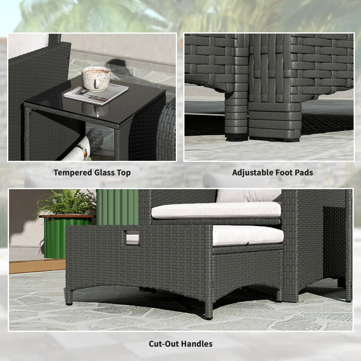 5 Piece Rattan Balcony Set, Wicker Outdoor Furniture, 2-Tier Coffee Table, Ottomans, Cream White, Grey Patio Furniture Sets at Gallery Canada