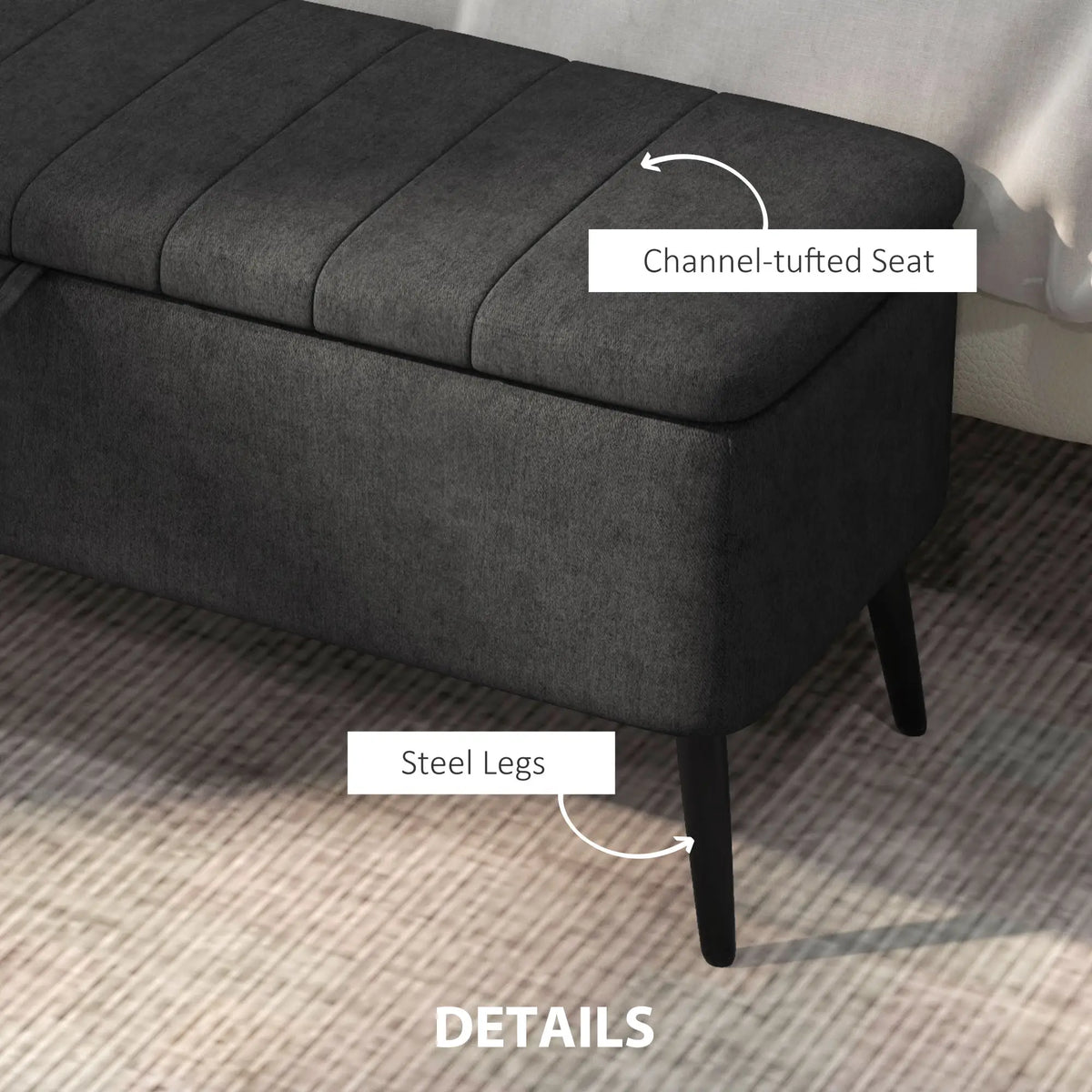 40" Ottoman with Storage, Linen Upholstered Bench, Dark Grey Storage Ottomans & Benches at Gallery Canada