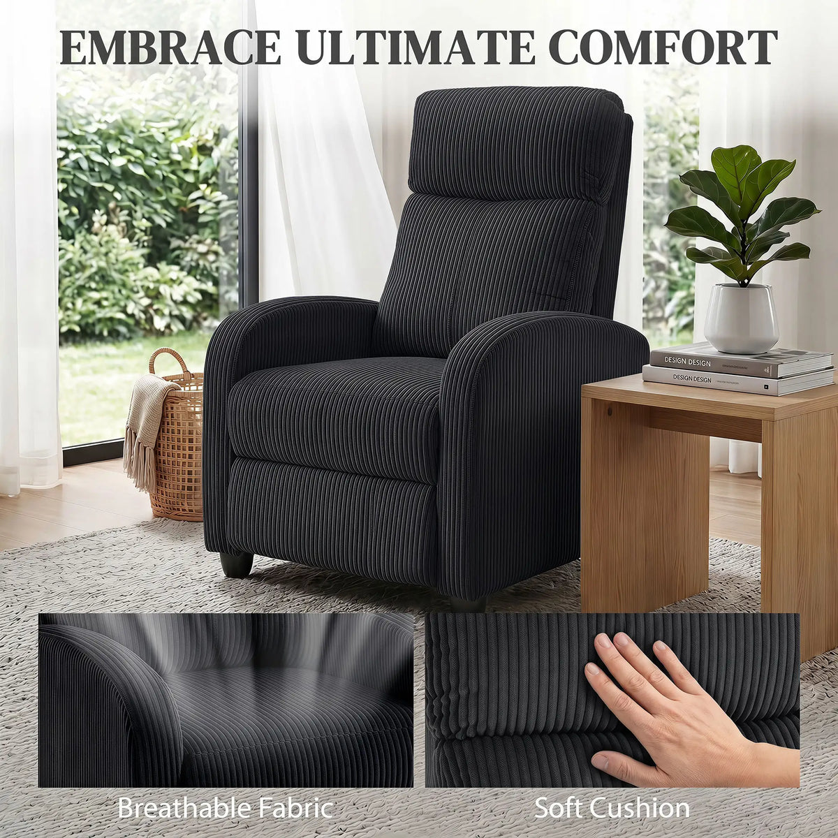 Corduroy Push Back Recliner Chair, Padded Seat, Black