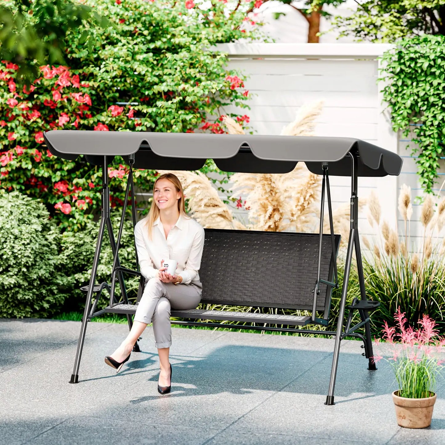3-Seat Patio Swing Chair, Outdoor Canopy Swing Glider, Adjustable Shade, Grey Patio Swings with Stand at Gallery Canada