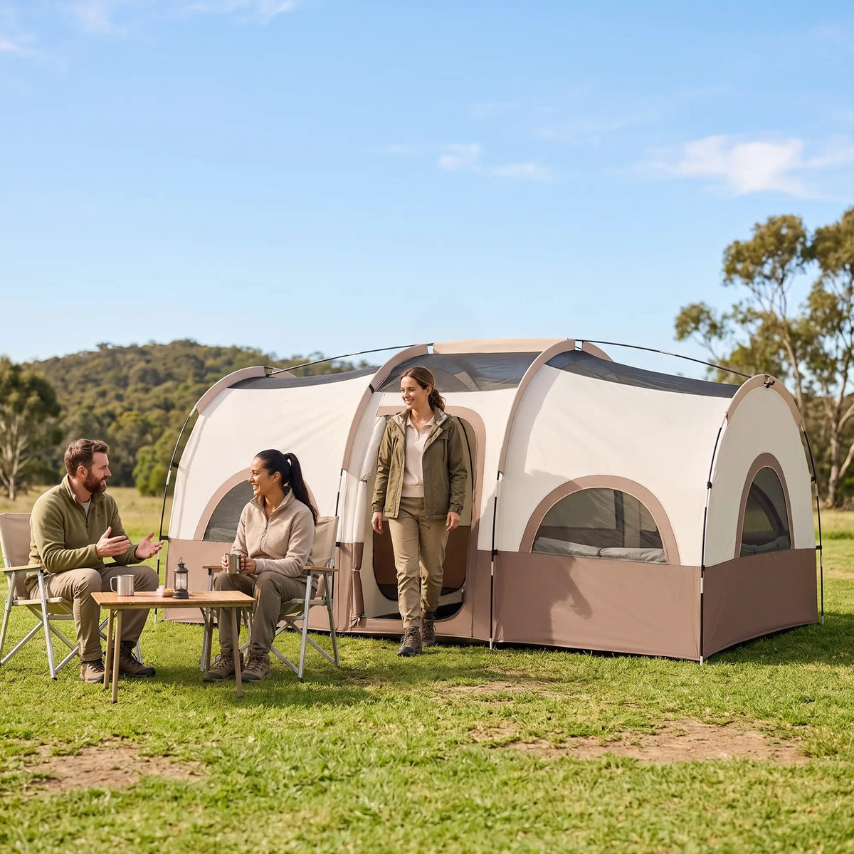 4-6 Person Camping Tent, 3 Room, 3000mm Waterproof, UPF30+, Khaki Camping Tents at Gallery Canada