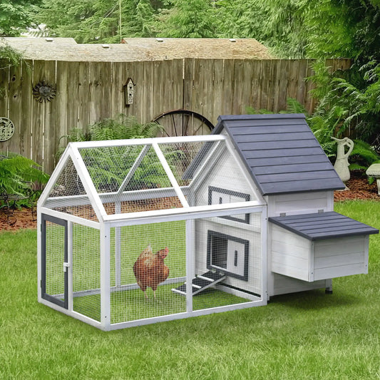 65" Wooden Chicken Coop, Rabbit Hutch with Nesting Box, Ramp Chicken Coops White and Grey at Gallery Canada
