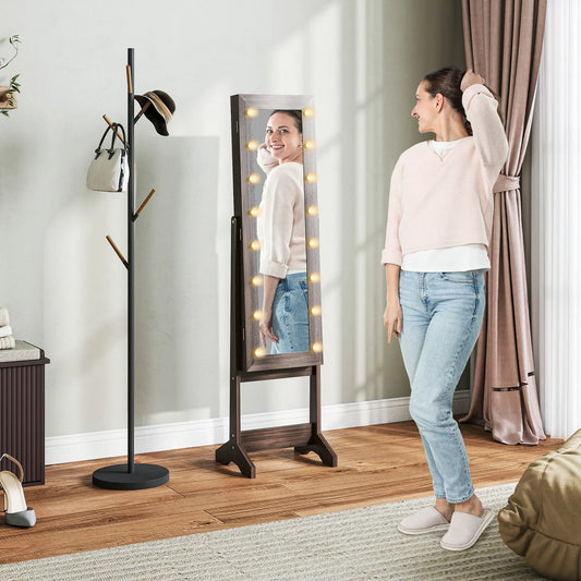 Lighted Mirrored Jewelry Cabinet, Angle Adjustable, 16 LED Lights, Dark Brown Jewellery Armoire & Jewellery Mirror Cabinets Dark Brown at Gallery Canada