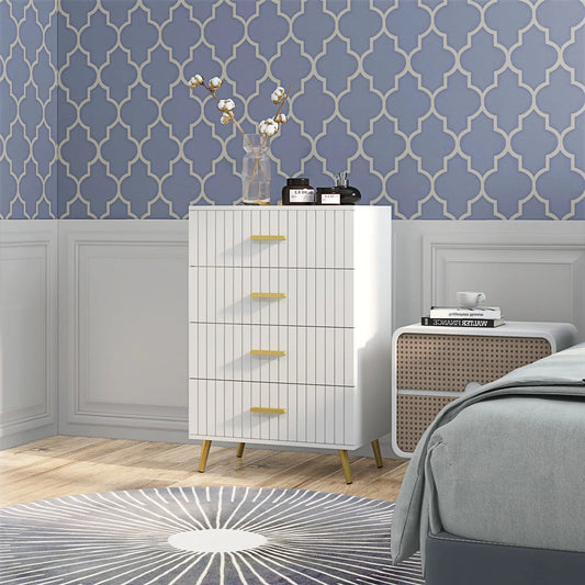 4 Drawer Cabinet, Bedroom Chest of Drawers, Aluminium Legs, Gold Handles, White Storage Cabinets White, Gold at Gallery Canada