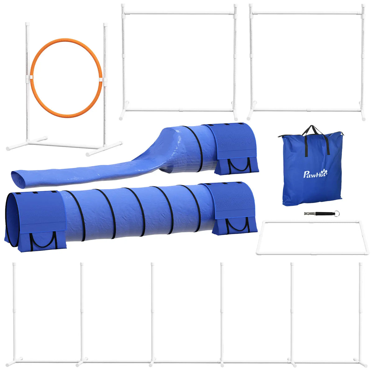 7 Pcs Dog Agility Kit, Tunnels, Weave Poles, Adjustable Hurdles, Blue Dog Agility Training Equipment White, Orange, Blue at Gallery Canada