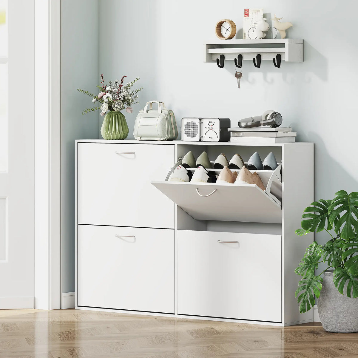 Flip Down Shoe Rack, Wooden Shelf, 4 Drawer Organizer, White Shoe Storage Cabinets & Racks at Gallery Canada