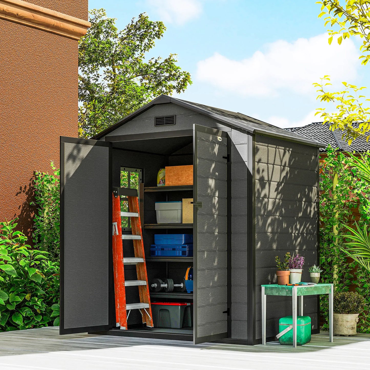 6x4.5FT Plastic Shed, Lockable Garden Tool Storage With Double Doors, Grey Sheds at Gallery Canada