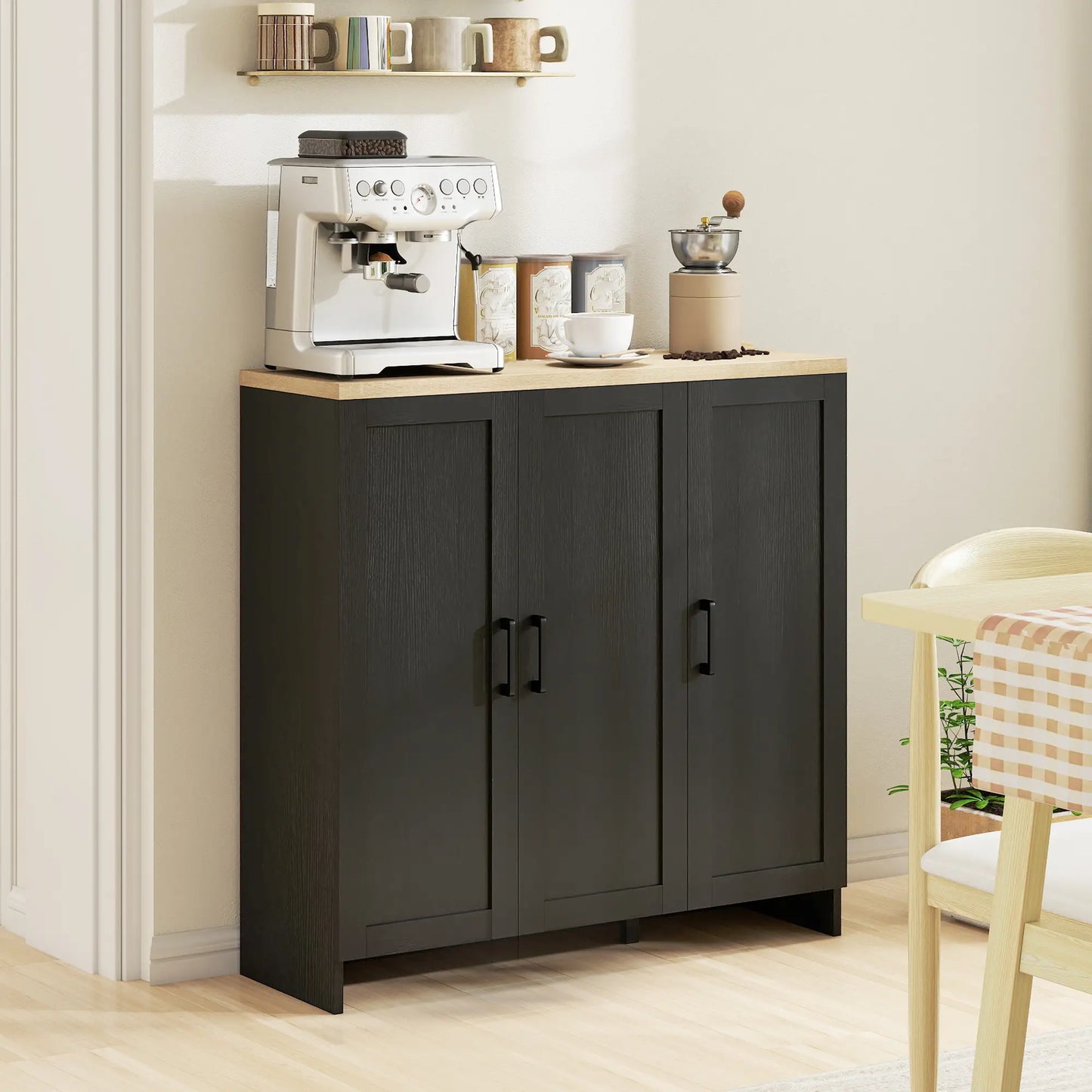 Modern Sideboard Buffet Cabinet, 3 Doors Adjustable Shelves, Black Kitchen Pantry Cabinets at Gallery Canada